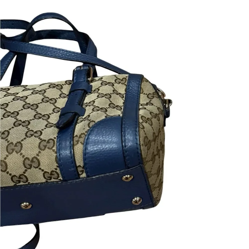 GUCCI Beige Brown GG Canvas Blue Leather Trim Small Belted 2way Boston Bag